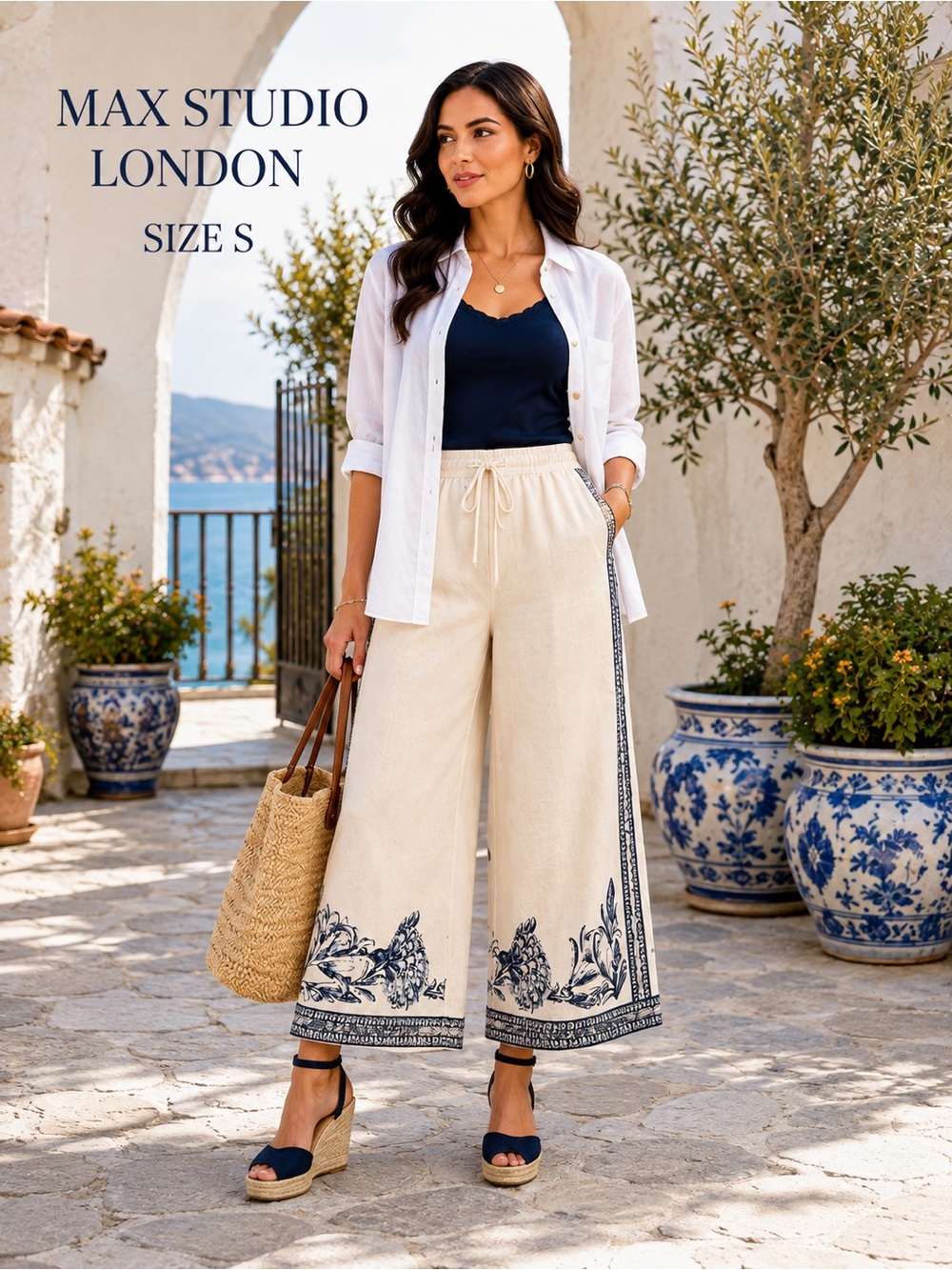 Max Studio London Linen Blend Wide Leg Pants Blue Border Print Size S